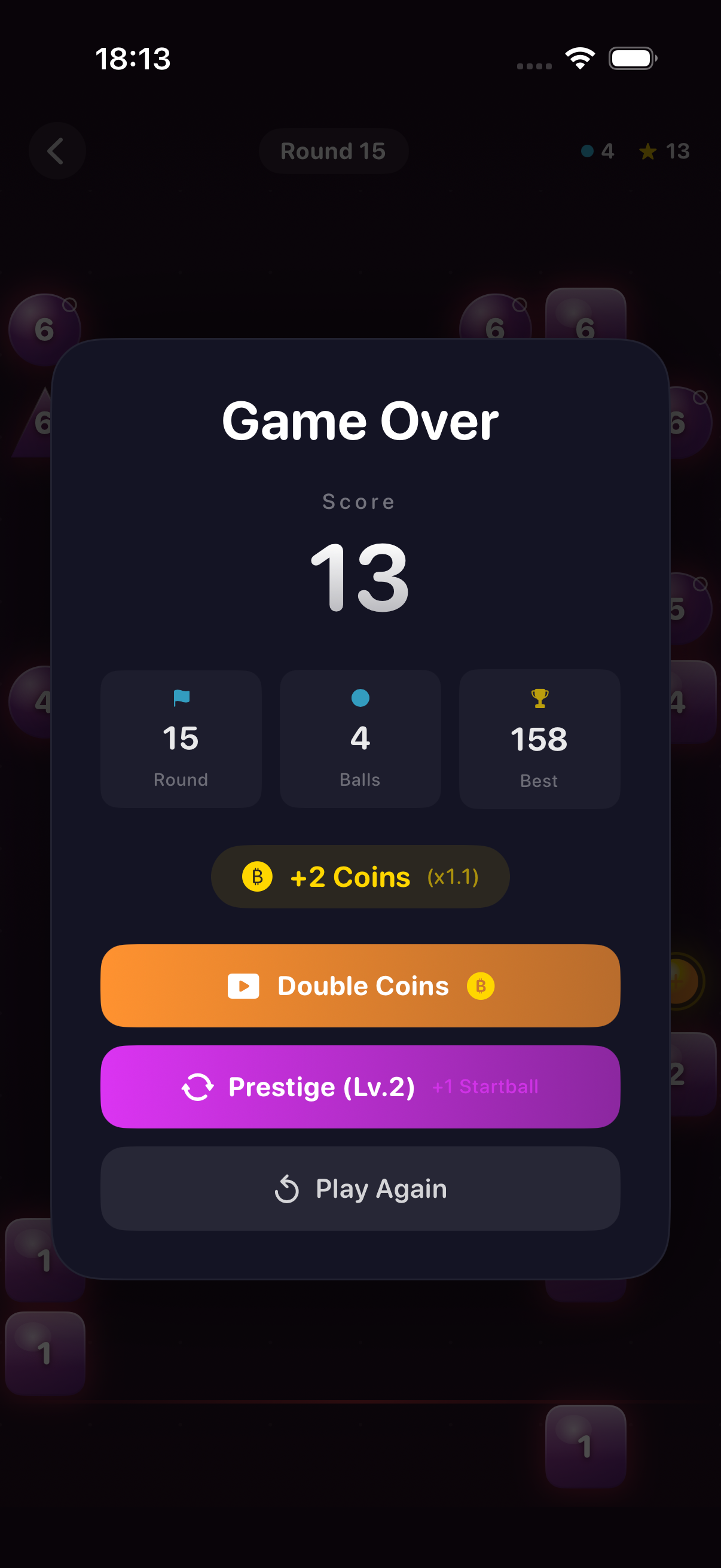 Bounce & Shatter game over screen with score and prestige options