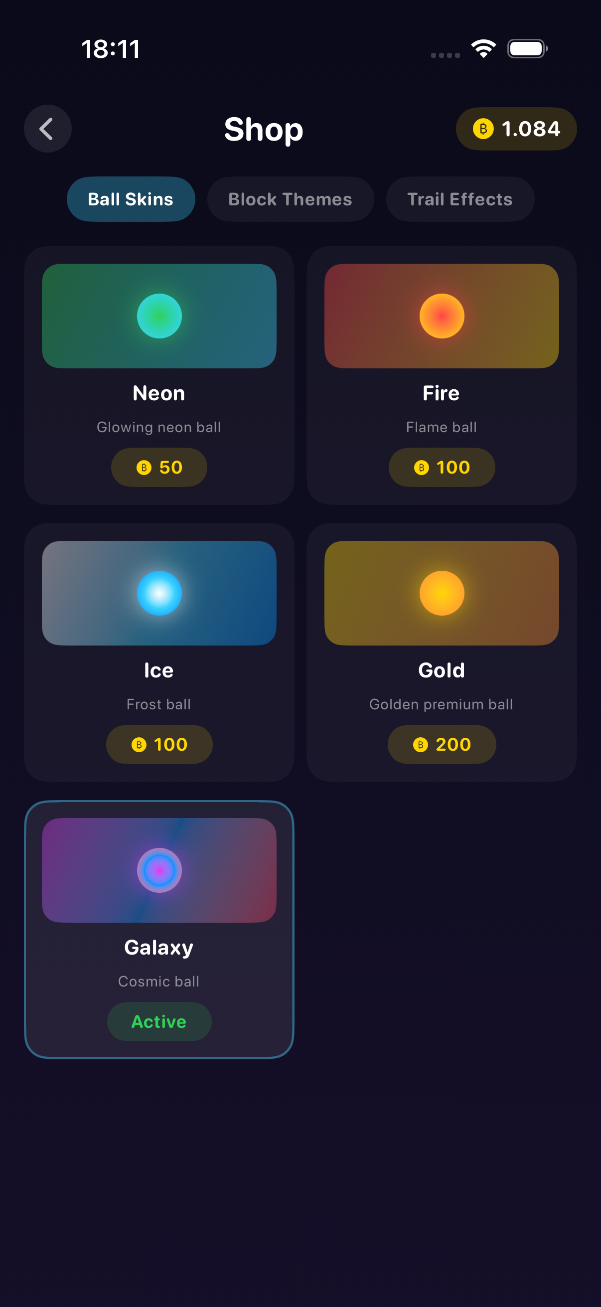 Bounce & Shatter shop — unlock ball skins, themes and trail effects